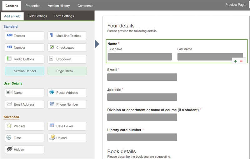 A screenshot of the CMS form builder.